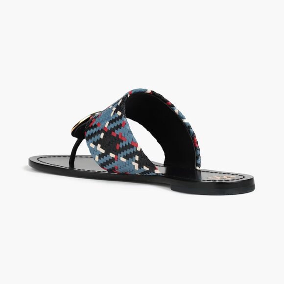 Tory Burch $268 Patos LEATHER Disk Sandal Blue Woven 10 - Picture 2 of 10